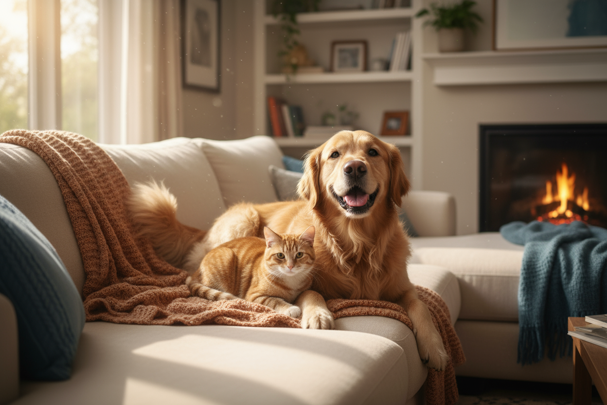 A happy golden retriever dog and an orange tabby cat sitting together on a cozy couch, both looking at the camera, warm natural lighting, professional pet photography style