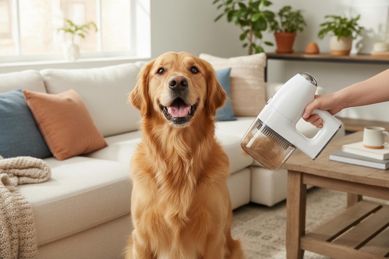 A video of a happy golden retriever dog  sitting together on a cozy couch, being groomed with the latest pet gadget looking at the camera, warm natural lighting, professional pet video style